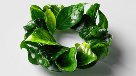 A stunning wreath made of fresh green leaves, showcasing a vibrant and organic aesthetic. This captivating arrangement is perfect for decorative projects, bringing nature indoors with its elegant design.の素材