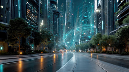 A stunning futuristic cityscape featuring sleek skyscrapers illuminated with vibrant neon lights, set against a tranquil night sky, creating an immersive urban scene.の素材