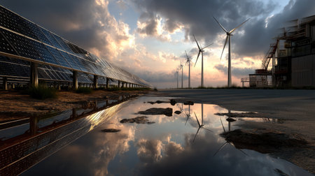 A captivating landscape featuring solar panels and wind turbines under a dramatic sky, with a puddle reflecting the colorful clouds during sunset.の素材