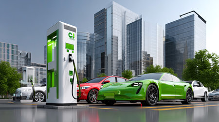 A vibrant scene showcasing modern electric vehicles parked at a charging station amidst sleek skyscrapers in a dynamic urban landscape.の素材