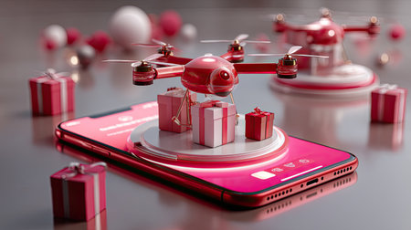 A striking visual of a red drone with gifts positioned atop a smartphone, capturing the essence of modern holiday delivery services in a festive atmosphere.の素材