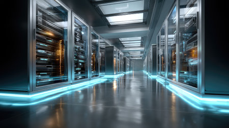 This image features a modern data center filled with rows of servers, illuminated by ambient blue lighting. The sleek design enhances technological appeal, showcasing the essential infrastructure for digital operations and data storage solutions.の素材