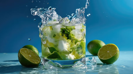 A vibrant mojito cocktail bursting with fresh mint, zesty lime, and sparkling water. The image captures a refreshing splashing effect, perfect for summer.の素材