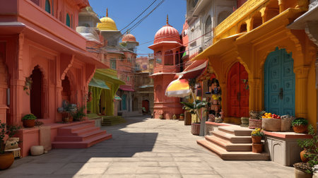 Discover a captivating Indian market street adorned with vibrant colors and traditional architectural designs, showcasing artisan crafts and lively atmosphere.の素材