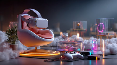 A stylish virtual reality setup featuring a modern gaming chair and headset, surrounded by neon-lit accessories and a futuristic atmosphere. Ideal for tech enthusiasts.の素材