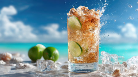 A vibrant glass of refreshing beverage with ice and lime slices, sitting on a beach during a sunny day, evoking joy and relaxation.の素材