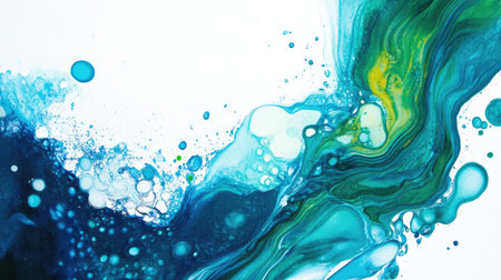 Flowing fluid art design in blues and greens with ample white space on the rightの素材