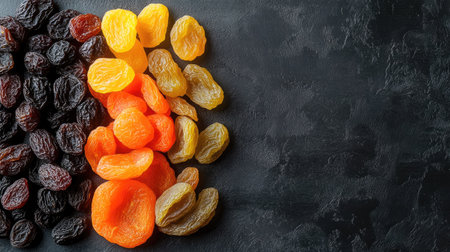 Top view of assorted dried fruits like apricots, prunes, and raisins, with room for copy space.の素材