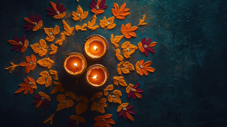 Top view of diya lamps lit around a floral rangoli pattern, symbolizing the light and joy of Diwali, with space for textの素材