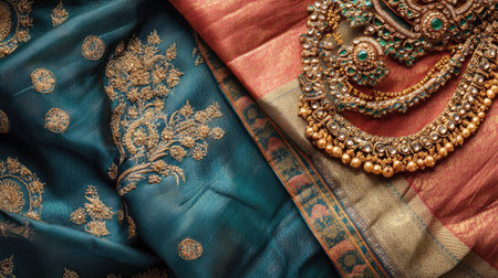 Top view of traditional Indian jewelry and a saree border laid out with rich colors and textures, with ample space for festive copyの素材