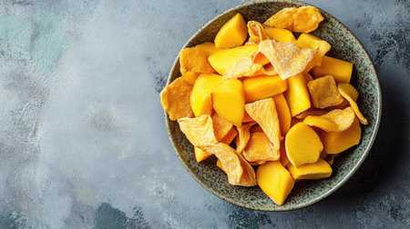 Top view of dried mango and banana chips in a bowl, with room for text on a clean surface.の素材