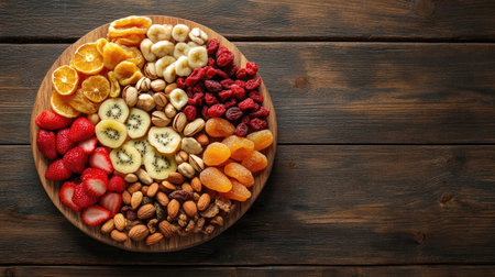 Assorted dried fruit and nut platter, top view, with room for copy space on a wooden surface.の素材