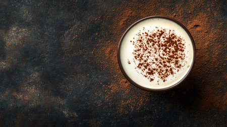 A cup of creamy cappuccino with cocoa powder sprinkled on top, laid out with space for copyの素材