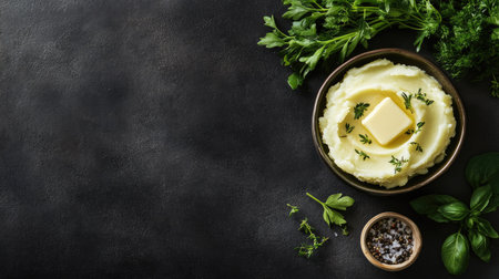 Top view of mashed potatoes with butter, alongside fresh herbs, with space for copyの素材