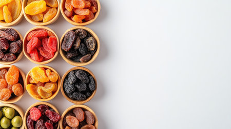 Dried fruits in small wooden bowls, arranged neatly with ample room for text on a clean white surface.の素材