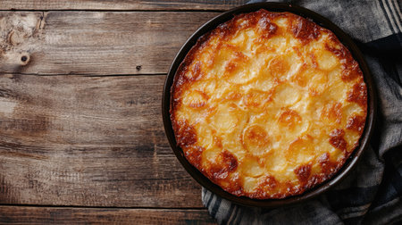 Top view of potato gratin with crispy edges, placed on a rustic table with space for textの素材