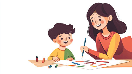 Mother and child cartoon characters drawing and coloring together, with space for text.の素材