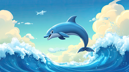 A happy cartoon dolphin jumping through waves with room for text in the skyの素材