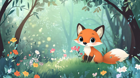 Cute cartoon fox cub sniffing flowers in the forest with space for writing aboveの素材