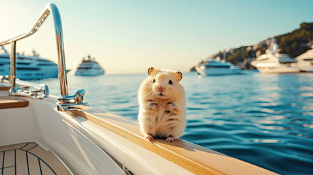 A playful hamster exploring the deck of an expensive yacht with elegant surroundings, clear sky, and room for copyの素材