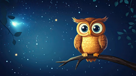 A smiling cartoon owl perched on a branch with ample room for text in the night skyの素材