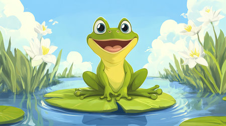 Cartoon frog sitting on a lily pad with a wide smile. Open area for text above in the blue skyの素材