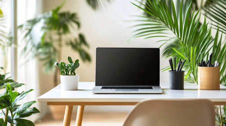 A minimalist home office with a clean desk, laptop, and plants, offering plenty of space for copy or textの素材