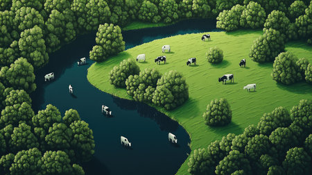A lush green dairy farm island with cows grazing peacefully, leaving plenty of space for copy or textの素材