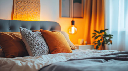 Cozy bedroom with decorative pillows, soft lighting, and plenty of space for copy or brandingの素材