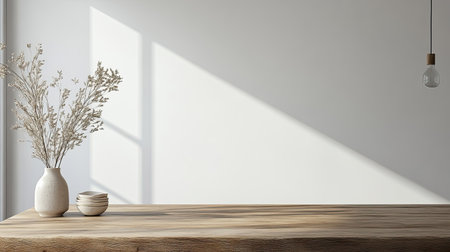 Elegant dining area with a wooden table, modern decor, and space for text or brandingの素材