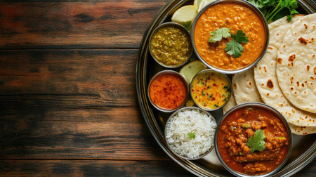 A vibrant Indian thali meal with curry, dal, roti, and rice, framed with copy space for text or designの素材
