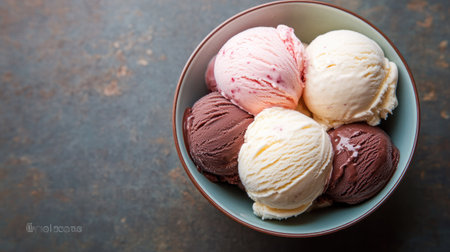 Creamy vanilla, chocolate, and strawberry ice cream scoops in a bowlの素材