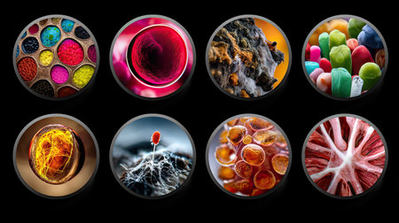 A captivating collection of microbial textures featuring vibrant colors and intricate patterns. Perfect for scientific exploration or artistic inspiration.の素材