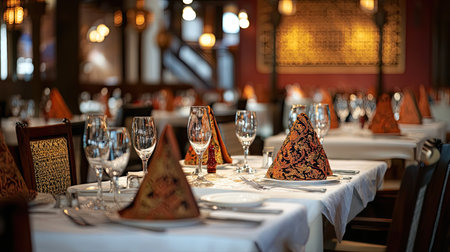 Empty dining tables with traditional settings in a South Asian restaurant, with ample space for copyの素材