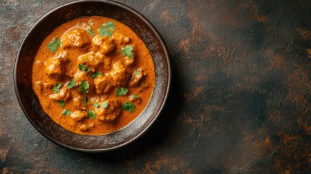 Rich and flavorful Indian masala butter curry on a textured plate, with plenty of space for copy or promotional textの素材