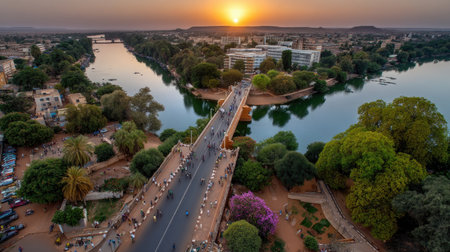 A stunning sunset casts a warm glow over a river and city landscape, featuring a busy bridge, vibrant trees, and a tranquil atmosphere perfect for photography.の素材