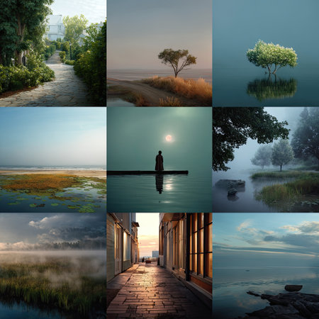 Discover tranquil landscapes featuring calm waters, lush greenery, and serene pathways. Ideal for meditation, relaxation, and enjoying nature's beauty at dawn.の素材