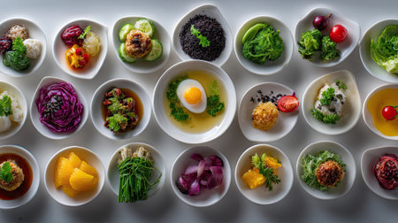 A visually stunning arrangement showcasing a variety of gourmet dishes, featuring fresh ingredients and artistic presentation in white bowls on a clean backdrop.の素材