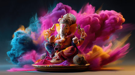 A stunning representation of Lord Ganesh, featuring an ornate idol surrounded by vibrant colored powders, capturing the essence of celebration and spirituality.の素材
