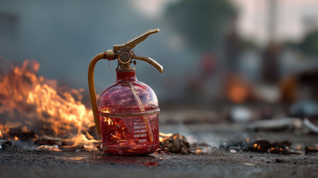 A striking image of a red fire extinguisher positioned near flames, emphasizing the importance of safety equipment in emergency situations.の素材