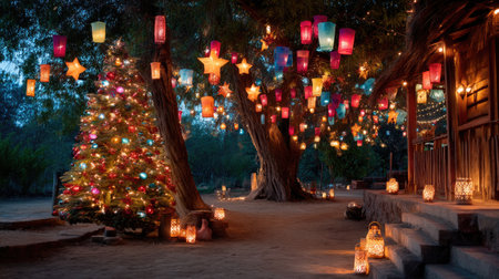 Experience a captivating outdoor holiday scene adorned with vibrant lanterns, a beautifully decorated tree, and a tranquil evening glow, perfect for celebrations.の素材