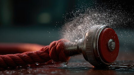 Captured in vivid detail, this image showcases a garden hose nozzle spraying water droplets, intertwined with a red rope. Ideal for gardening themes, summer activities, and outdoor maintenance.の素材