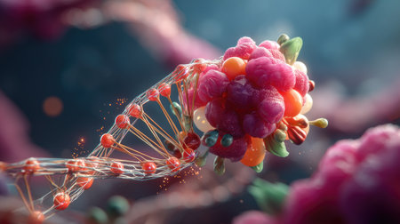 This vivid illustration captures the intricate design of a DNA helix intertwined with colorful molecules in a dynamic cellular setting, showcasing genetic structures.の素材