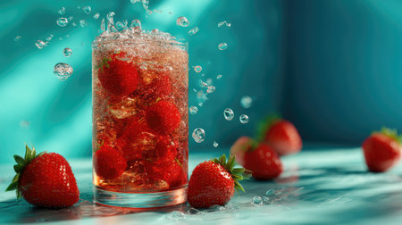 A vibrant and refreshing sparkling beverage filled with fresh strawberries, showcasing lively bubbles and splashes, perfect for summer gatherings or a relaxing moment.の素材