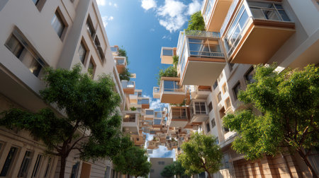 A captivating view of modern urban architecture featuring floating balconies and lush greenery, highlighting a blend of nature and contemporary design.の素材