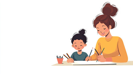 Mother and child cartoon characters drawing and coloring together, with space for text.の素材