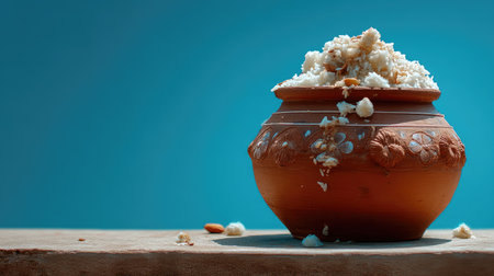 A traditional clay pot filled with rice and nuts, beautifully displayed against a vibrant blue background. Spilled grains add a rustic charm, perfect for culinary themes.の素材