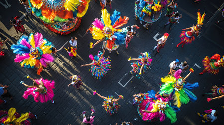 Aerial view of a European carnival parade with dancers and vibrant floats, room for text at the top.の素材