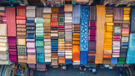 Aerial view of a vibrant Indian textile market with colorful fabrics displayed, ample copy space.の素材