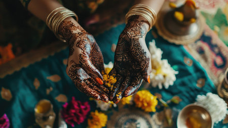 Overhead shot of an Indian henna design session with intricate patterns being applied, ample space for copy.の素材